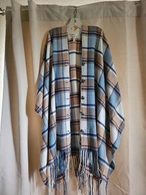 Matilda Jane Plaid Button-Front Fringe Cape - Light Blue, Tan & Navy